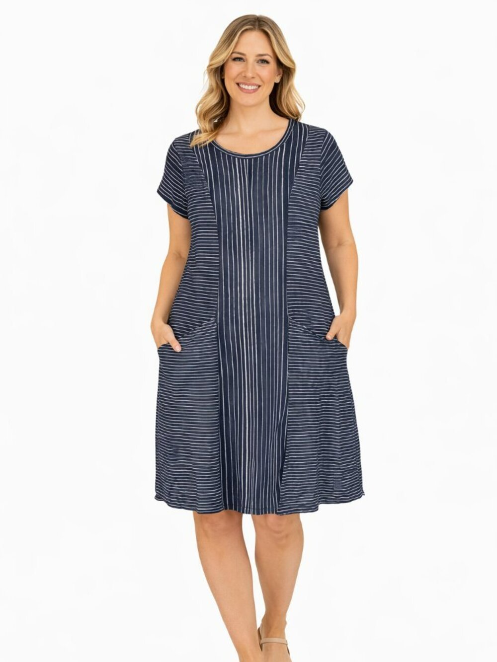 Escape Navy Striped Pocket Tunic Dress Short Sleeve Casual Nautical Large